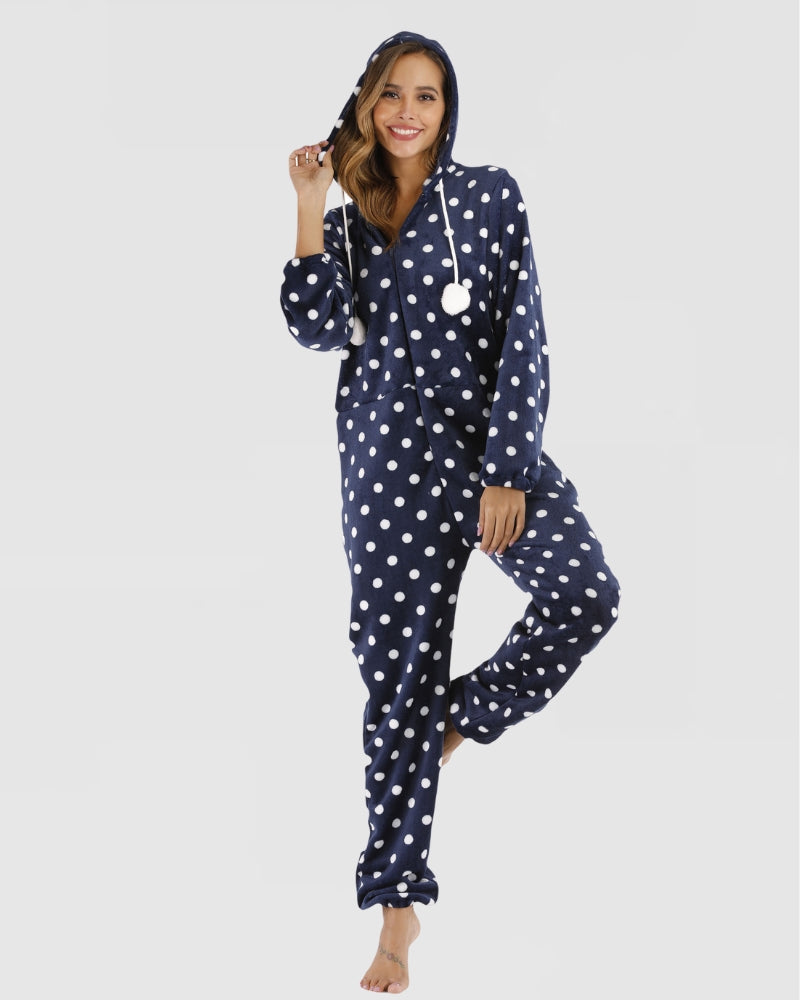 Combinaison bleu à pois en fourrure pour femme