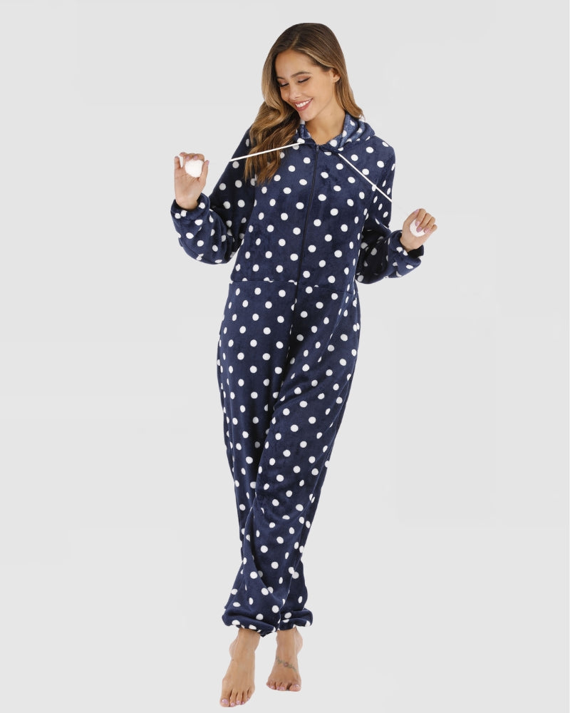 Combinaison bleu à pois en fourrure pour femme