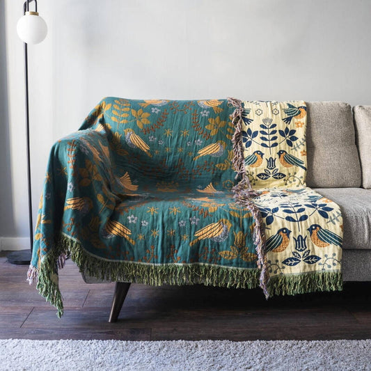 Plaid réversible avec motif d'oiseau scandinave