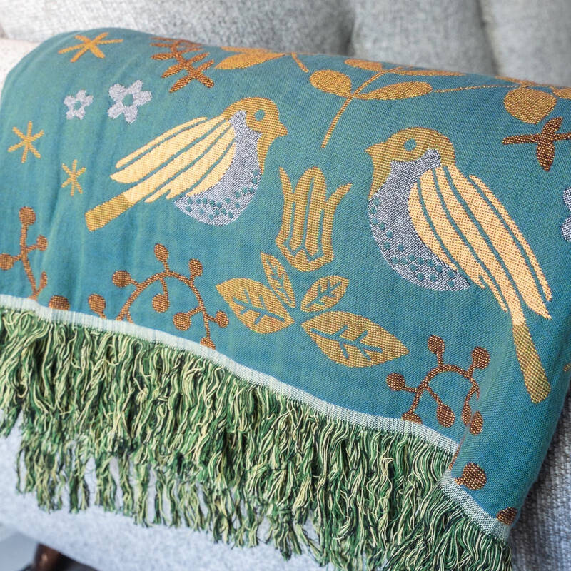 Plaid réversible avec motif d'oiseau scandinave